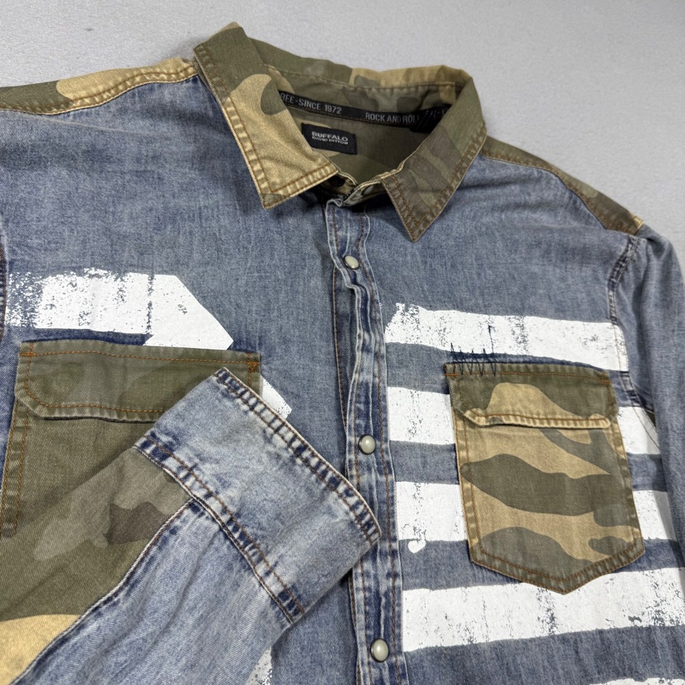 Buffalo David Bitton Mens XL Denim Camo Patchwork Snap Button Shirt Blue Green